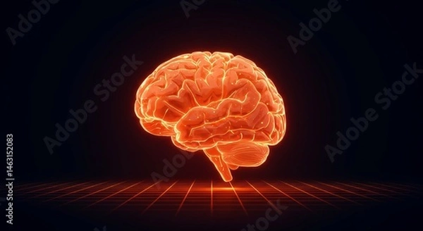 Obraz Glowing Orange Futuristic Brain Hologram on Dark Grid Background
