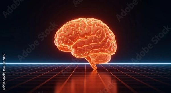Obraz Glowing Orange Futuristic Brain Hologram on Dark Grid Background