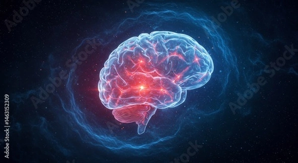Obraz Glowing Blue and Red Brain with Neural Energy Streams on Dark Background