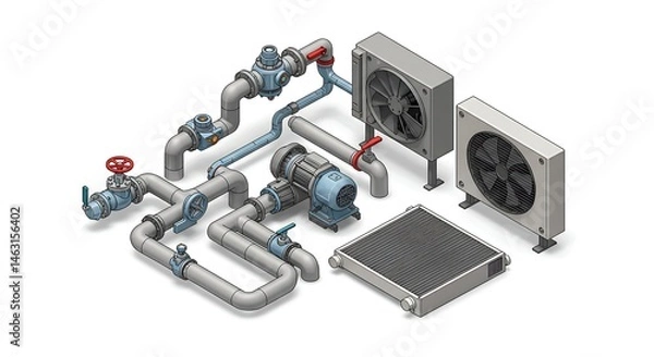 Fototapeta Isometric View of HVAC System with Pipes, Motor, Radiator, and Fan Units