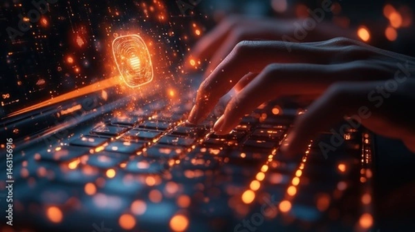 Fototapeta Cybersecurity: Digital Fingerprint Authentication on Laptop