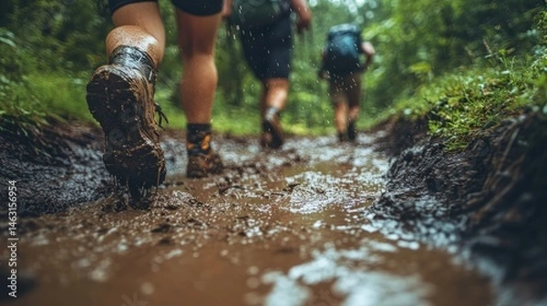 Fototapeta Hiking through muddy trail
