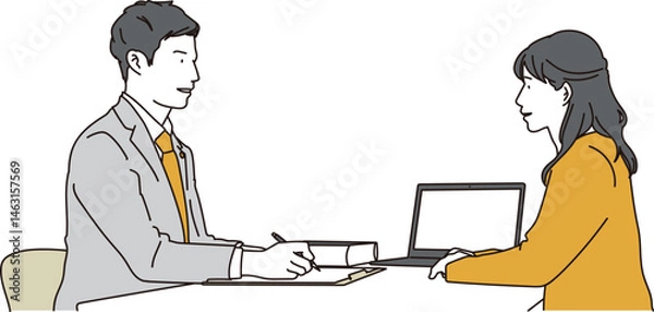 Obraz 相談を受ける弁護士と相談をする女性のイラスト