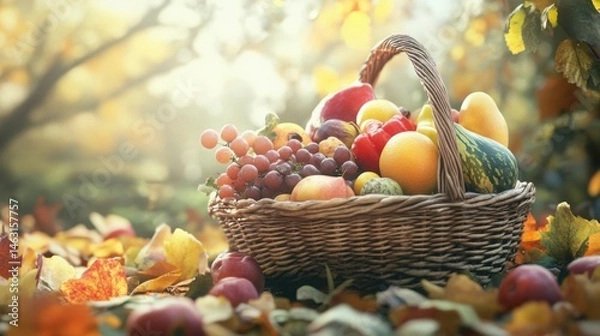Obraz wicker basket overflowing with freshly harvested fruits and vegetables