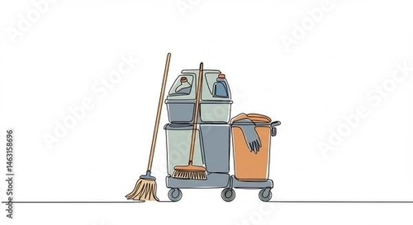 Fototapeta Cleaning Cart with Supplies Minimalist Line Art Style