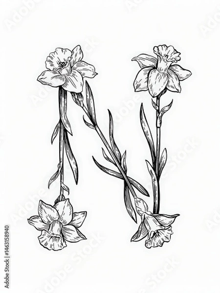 Fototapeta Letter N Flower Monogram – Coloring Page Design