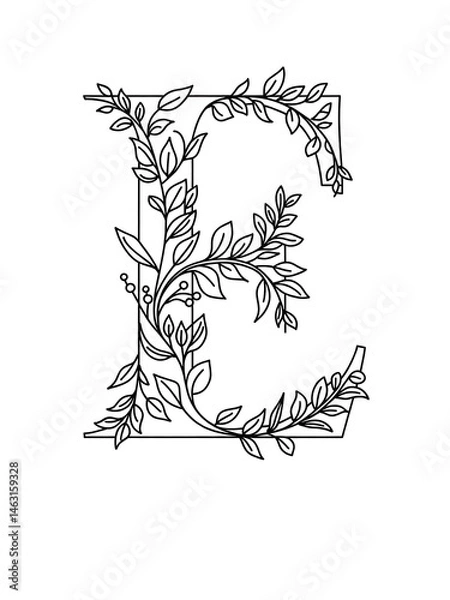 Fototapeta Letter E Flower Monogram – Coloring Page Design