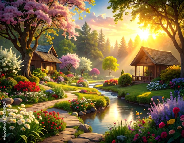 Fototapeta Tranquil Lakeside Cottage in Spring Garden – Fantasy Nature Art