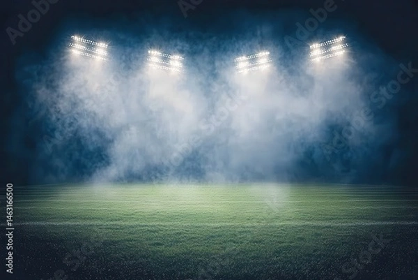 Obraz Empty stadium at night, lit by spotlights, with smoky atmosphere.  Green field, dark background