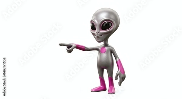 Fototapeta alien pink and silver pointing on white background