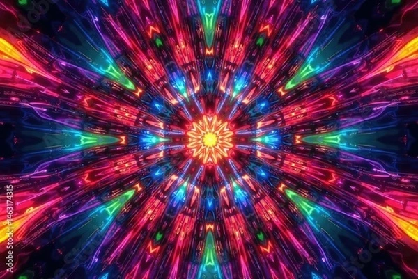 Fototapeta Symmetrical kaleidoscopic design with radiating lines, digital art, colorful, starburst