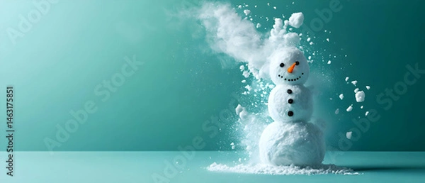 Fototapeta Exploding Snowman Against Teal Background