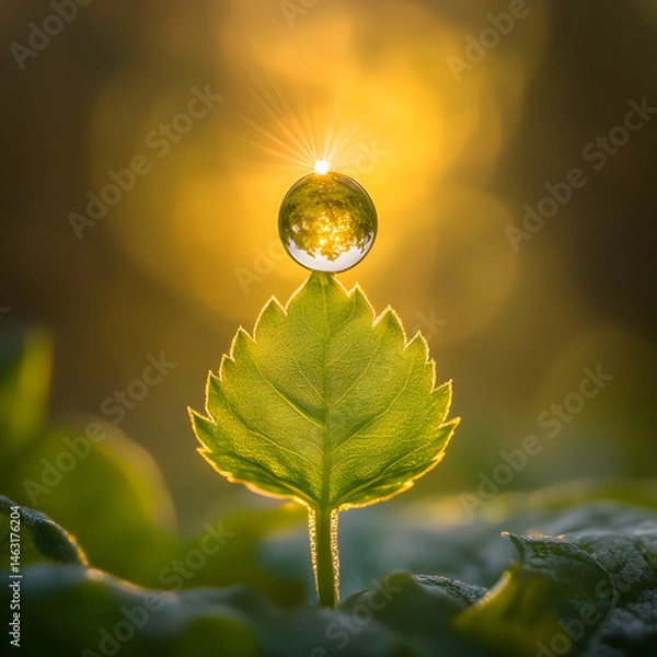 Obraz Ethereal Embrace: A Raindrop's Poised Encounter with Nature's Canvas Amidst Morning Light