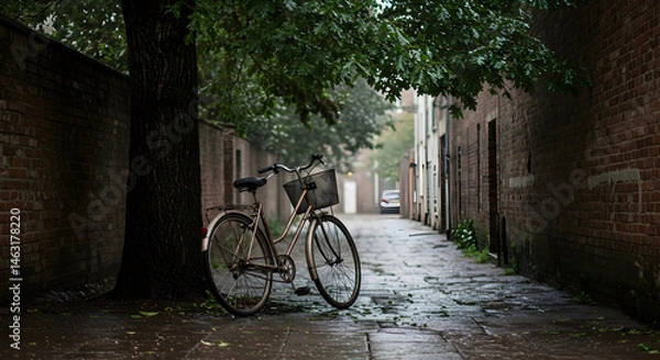 Obraz Solitary Bicycle Resting On Wet Cobblestone Lane In Tranquil Town Ambience