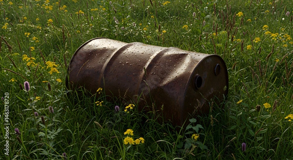 Fototapeta Discarded Drum In A Meadow Displaying The Heavy Environmental Pollution