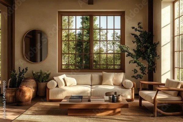 Fototapeta A sun-drenched living room, featuring a light beige sofa, wooden coffee table, and large windows overlooking a lush forest.  Warm earthy tones and natural materials create a serene atmosphere