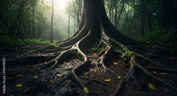Fototapeta Magnificent Roots System Of Ancient Tree In Lush Tropical Forest