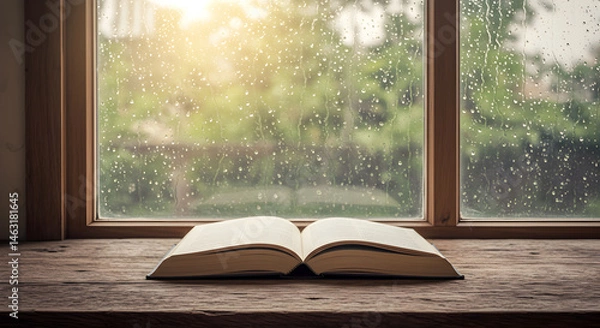 Fototapeta Open Book On Wooden Sill Against Rainy Window For Relaxing Moment