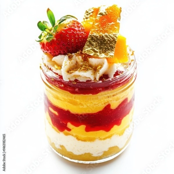 Fototapeta A luxurious fruit mousse in a glass jar, with layers of coconut and mango mousse