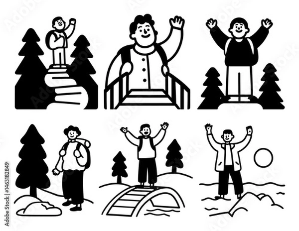 Fototapeta Cheerful Cartoon Characters Enjoying Nature Activities in Doodles
