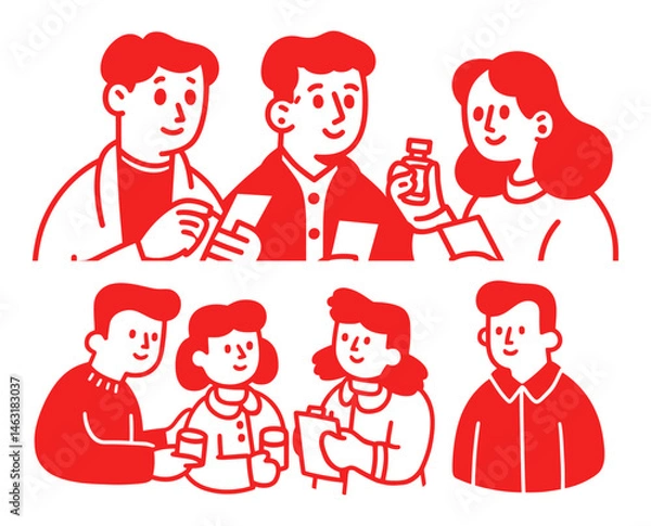 Fototapeta Friendly Group Interaction in Doodle Style with Cartoon Characters