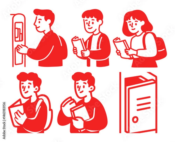 Fototapeta Cartoon Doodle of Students Engaging with Books and Learning Tools