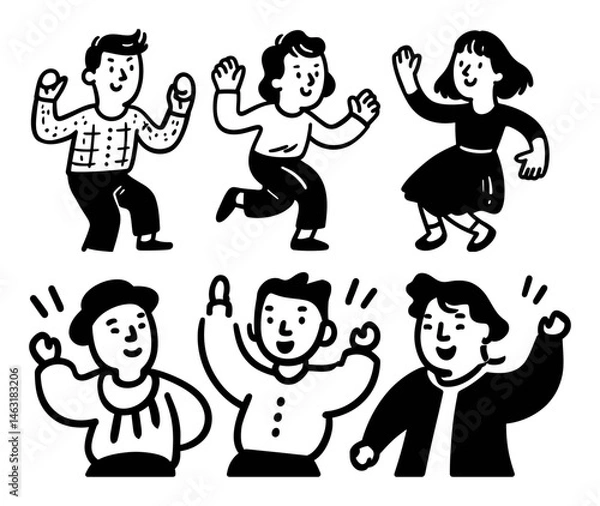 Fototapeta Playful Cartoon Characters Dancing in Doodle Style Graphics
