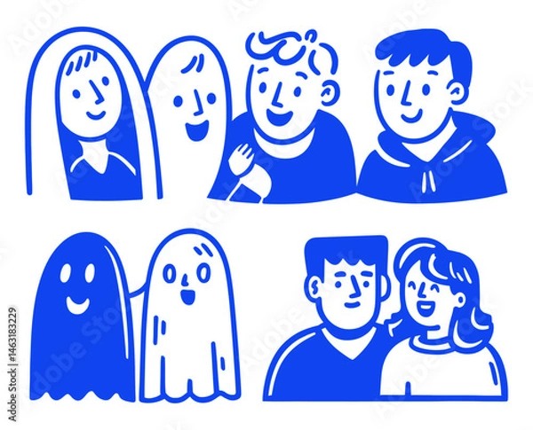 Fototapeta Fun Cartoon Doodle of People and Ghost Characters with Smiles