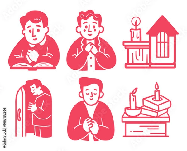 Fototapeta Religious Reflection Cartoon Collection with People and Objects