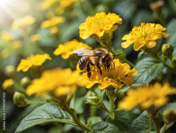 Fototapeta "Close-Up of a Bee Hovering Over St. John's Wort Flowers in the Garden"