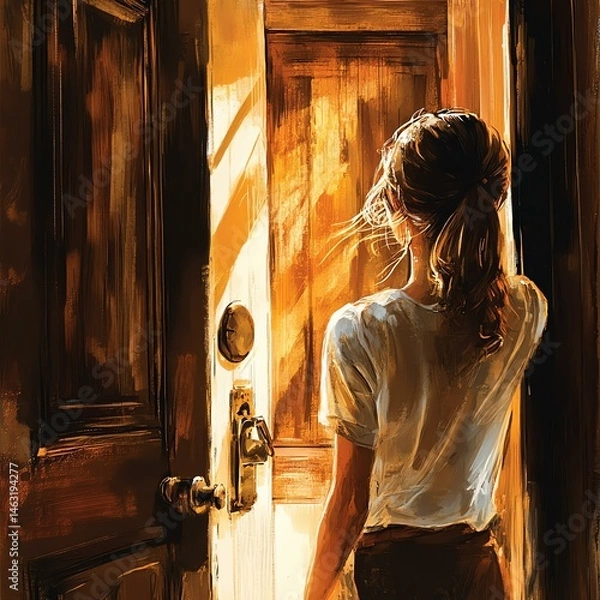 Fototapeta A person shows various facial expressions A woman stands at an open door, bathed in warm sunlight, symbolizing new beginnings and opportunities.