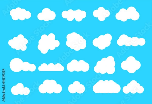 Fototapeta A vector illustration of clouds. Multiple stylized white cloud shapes with smooth outlines are arranged in rows against a bright, solid blue background, creating a clean, cheerful sky motif.