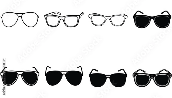 Obraz 8 Bundle set of sunglasses and eye glasses outline and silhouette vector on white background.