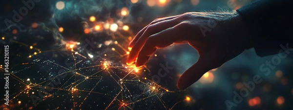 Fototapeta Hands touching a digital graph of a global network and data transfer on a black background, a business concept for internet technology