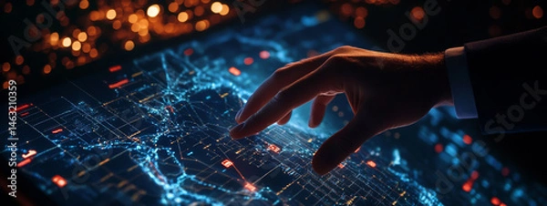 Fototapeta Hands touching a digital graph of a global network and data transfer on a black background, a business concept for internet technology
