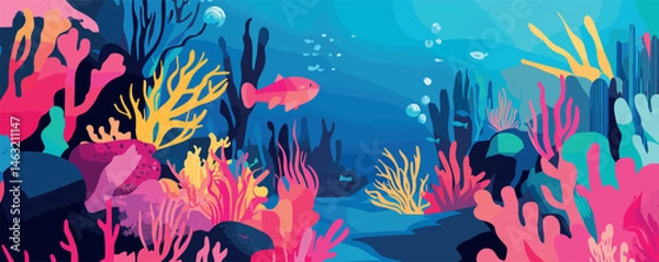 Fototapeta Colorful underwater scene with fish and coral reefs in vibrant ocean ecosystem.