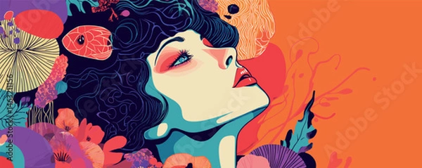 Fototapeta Vibrant abstract portrait of woman with colorful floral elements in bold graphic style.