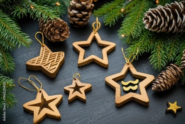 Fototapeta Christmas decorations, star-shaped ornaments, and pine cones on a dark surface.  Various shapes and sizes of wooden star ornaments, with a few featuring a gold design