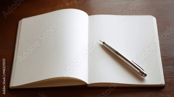 Fototapeta A blank notebook with white pages sits on a wooden table, illuminated by soft natural light, perfect for creative writing or sketching. Text or illustrations can be used freely.