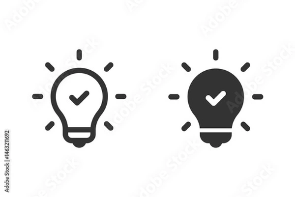 Obraz Light Bulb with checkmark icon set. representing a quick tip, successful idea, solution, or approved concept. Vector illustration