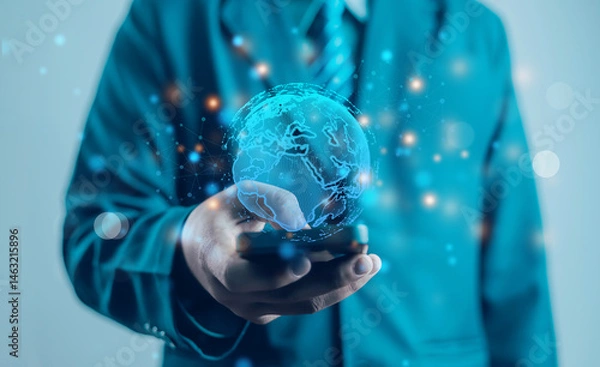 Obraz Hands showing the world of digital marketing, business concept, technology, international market, global internet connection, big data, business technology, finance, internet global, internet,	
