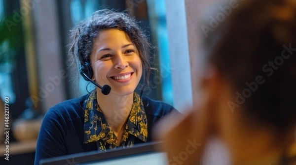 Fototapeta A woman wearing a headset smiles warmly while engaging in a conversation in a modern indoor setting.