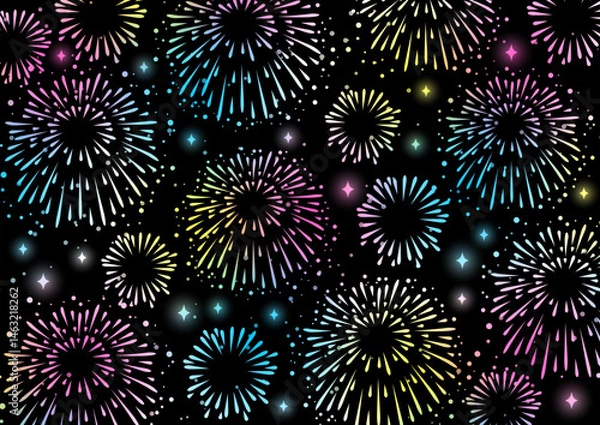 Obraz 花火背景、ゆめかわ、黒、レインボー、かわいい