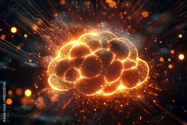 Fototapeta 3D rendering of an abstract cloud with glowing lines and a circuit board background