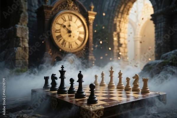 Fototapeta Chess Game with Grandfather Clock in a Grand Hall