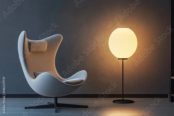 Fototapeta 3d rendering of modern armchair and floor lamp on dark background