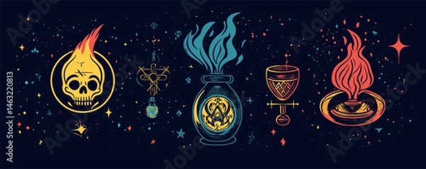 Fototapeta Mystical symbols with fiery elements and stars on dark background.