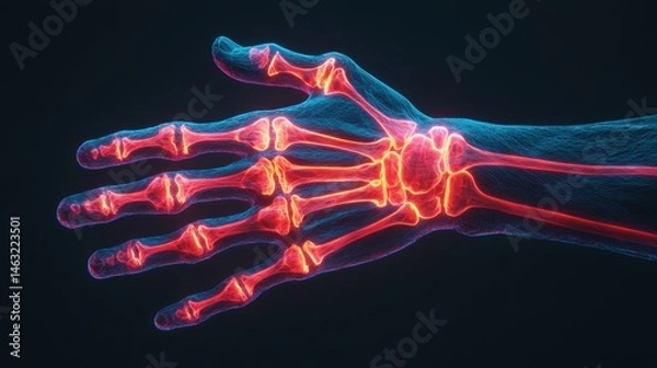 Fototapeta Detailed 3D Render of Human Hand Skeleton with Visible Bones and Joints Illuminated in Vibrant Colors