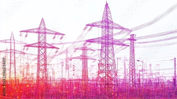 Obraz High Voltage Power Lines in Abstract Pink and Purple Design Against White Background