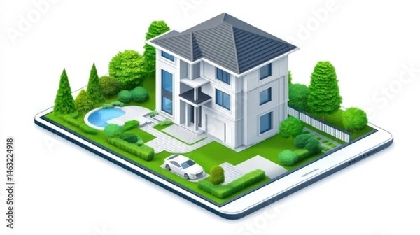 Obraz Modern House in Digital Landscape with Car and Swimming Pool on Tablet Screen